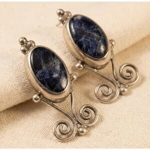 Vintage Mexico Sterling Silver Blue Sodalite Scroll Dangle Earrings